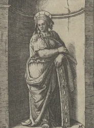 Szent Katalin egy fülkében áll, keréken nyugszik, kínzóeszköze..., kb. 1500-1527.
