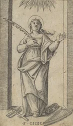 Szent Cecília áll, jobb kezében vértanú tenyeret tartva, a tenger felől..., kb. 1500-1527.