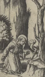 Assisi Szent Ferenc feszület előtt imádkozik, a Piccoli Santi... sorozatból, kb. 1500-1527.