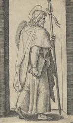 Major Szent Jakab, a jobb keze a könyv, a baljában a bot jobbra néz, a t...-tól kb. 1500-1527.