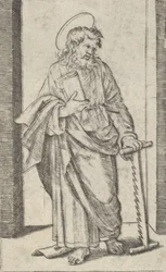 Szent Simon, fűrész leeresztett bal kezében, a 
