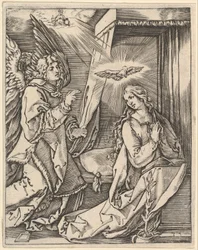 Az Angyali üdvözlet, bal oldalon Gábriel arkangyal közeledik az imádkozó Szűzhöz..., kb. 1500-1534.