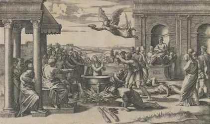 Szent Cecília vértanúsága, meztelenül állva egy nagy üstben, balra alul..., kb. 1520-25