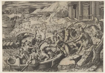 Helen elrablása, csatajelenet a parton, ahol két férfi belerángat Helent egy b..., kb. 1520-27.