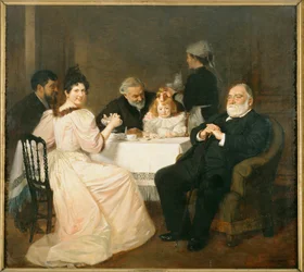 Francisque Sarcey, irodalomkritikus, Adolphe Brisson lányának házában... (festmény, vászon)
