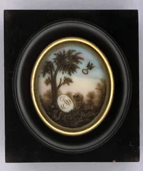 Emléktábla, 1880 körül (akvarell és frizura üvegen, aranyozott, fa és üveg)