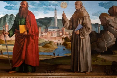 Szent Ferenc, aki átveszi a stigmákat Szent Klára és Péter, az áldott Breganzei Bartolomeo, valamint Szent Pál és Bernardino között, részlet