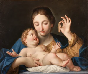 A Madonna kis keresztet mutat Jézusnak (olaj, vászon)