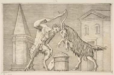 Egy szatír és egy kos egymásra támad, a szatír bottal hadonászik a jobb ha..., kb. 1515-27.