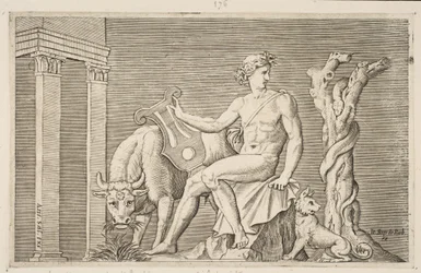 Apolló Admetus nyájait gondozta, Apollón ülve, kezében egy lírával, mellette egy..., kb. 1515-27.