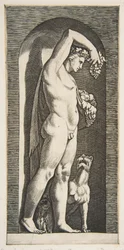Bacchus egy fülkében áll, felemelt jobb kezében szőlőt, lében gyümölcsöt..., kb. 1515-27.