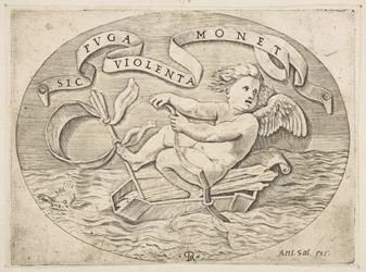 Erósz a tengeren menekülve, Ámor az íjával meghajt egy csónakot, amely a tegez eszéből készült..., kb. 1515-27.