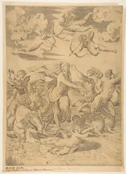 Galatea lovaglás egy kagylóban, amelyet delfinek húztak át a vízen, alatta egy Ámor és f..., kb. 1515-27.
