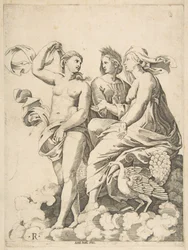Juno, Ceres és Psyché a felhőkben beszélgetnek, Juno egy pávával ül az ő ..., kb. 1515-27