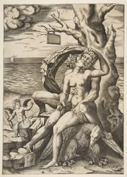 Jupiter és Semele ölelkeznek, alattuk egy sas, jobbra egy fa üres t..., kb. 1515-27.