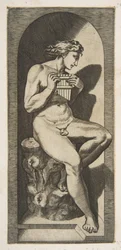 Az Olympus meztelenül egy fatönkön ülve, csöveket tartva, egy fülkében, kb. 1515-27.