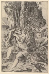 Pan kémkedik a sziklán ülő, haját fésülködő Syrinx nimfára, kb. 1516-20.