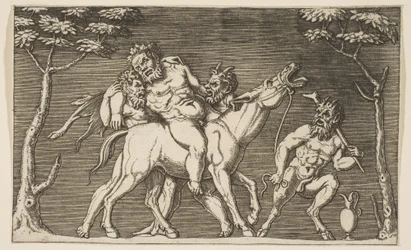 Két szatír, akik Silenust egy háborgó öszvérre helyezik, és egy harmadik szatír jobbra, kb. 1515-27.
