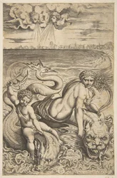 Vénusz és Ámor két tengeri szörnyen lovagolnak, Ámor nyilat emel a jobb kezébe, t..., kb. 1515-27.
