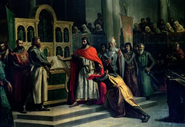 A Santa Gadea-i eskü: El Cid Campeador (kb. 1043-99) esküt követel VI. Alfonztól (kb. 1040-1109), Kasztília királyától, hogy az 1072. évben nem vett részt testvére, II. Sancho (kb. 1083-1072) meggyilkolásában