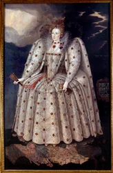 Erzsébet királynő lábportréja (Elizabeth) Iere, Anglia Marcus Gheeraerts (Gerards vagy Geerards) Fiatal festménye (1561-1635) 1592 körül V. 2,41x1,52 m London, National Portrait Gallery