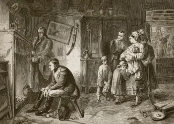 Napóleon egy út menti nyaralóban keres pihenőt a waterlooi veresége után, J. D. Cooper metszetével