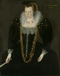 Lucy portréja, Lady Reynell Fordból, háromnegyed hosszú, sötét ruhában, fehér csipkegallérral, arany és gyöngy nyakláncokkal, jobb kezében legyezőt tartva azonosító felirattal.