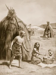 Egy primitív sumér település, illusztráció a "Hutchinsons History of the Nations" című könyvből, 1910 körül (litográfia).