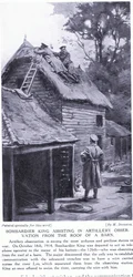 King bombázó a Lys folyó túlpartján egy pajta tetejéről segíti a tüzérségi megfigyeléseket 1914 október (litho)
