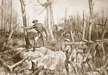 R.B. Barker százados (ideiglenes alezredes) egy erdő védelmének megszervezése (litho)