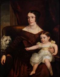 Anya és gyermeke fehér kutyával egy enteriőrben, 1815-66 körül (olaj, vászon)