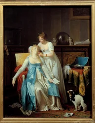 Rossz hír Egy Premier Empire divatba öltözött lány elájul, amikor szerencsétlenséget hirdető levelet olvas. Marguerite Gerard (1761-1837) festménye 1804 V. 0,63x0,5 m