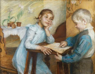 Belső tér egy lánynak felolvasó fiúval, 1912