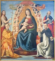 Madonna gyermekkel és szentekkel (olaj a panelen)