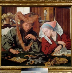 A pénzváltó és felesége. Egy pénzkölcsönző házaspár pénzt számol és mérlegel. Marinus Claeszoon van Reymerswaele (1493-1567) festménye, 1538, Madrid, Prado Múzeum