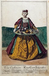 Kávéfőző: egy fiatal nő, aki egy kávéval megtöltött tálcát cipel. Martin Engelbrecht metsze (1684-1756) 18. század. Párizs, dekoratív művészet