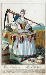 Parasztasszony. Martin Engelbrecht (1684-1756) metszete a „” Manuuries habilles új összeállítása”-ban, 18. század, Németország. Párizs, dekoratív művészet.
