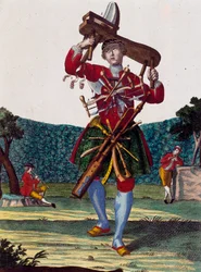Furulyák gyártója, metszet az Assemblage des nouveau manouvries habilles-ből, Martin Engelbrecht (1684-1756), Németország