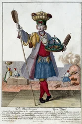 Szakember: pék. Martin Engelbrecht (1684-1756) metszete a „” Manuuries habilles új összeállítása”-ban, 18. század, Németország. Párizs, dekoratív művészet