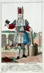 Metier: Könyvkötő. Martin Engelbrecht (1684-1756) metszete a „” Manuuries habilles új összeállítása”-ban, 18. század, Németország. Párizs, dekoratív művészet