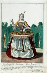 Metier: Egy asztalos felesége. Martin Engelbrecht (1684-1756) metszete a „” Manuuries habilles új összeállítása”-ban, 18. század, Németország. Párizs, dekoratív művészet