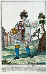 Metier: Képes eladó. Martin Engelbrecht (1684-1756) metszete a „” Manuuries habilles új összeállítása”-ban, 18. század, Németország. Párizs, dekoratív művészet