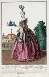 Metier: Aranyhalasszony. Martin Engelbrecht (1684-1756) metszete a „” Manuuries habilles új összeállítása”-ban, 18. század, Németország. Párizs, dekoratív művészet