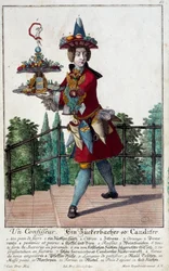 A cukrász: egy fiatal férfi, kezében egy tálcás cukorka és édesség. Martin Engelbrecht metsze (1684-1756) 18. század. Párizs, dekoratív művészet