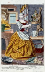 A szakács. Martin Engelbrecht (1684-1756) metszete a „” Manuuries habilles új összeállítása”-ban, 18. század, Németország. Párizs, dekoratív művészet