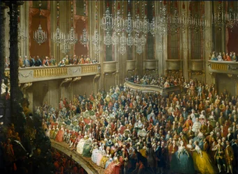 Ausztriai Mária Teréz (1717-1780), II. József (1741-1790) tiszteletére tartott ünnep, aki 1760.10.10-én pármai Izabella (Bourbon-Parma) (Bourbon Parma) császára és felesége lett, a fiatal Wolfgang Amadeus. Mozart (1756-1791) jelen van. Festmény a Sc