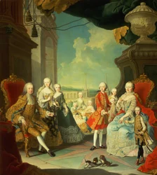 Mária Terézia és férje a Schloss Schonbrunn nagyterméből a nagy udvarba vezető lépcsőnél, gyermekeikkel II. József, Karl, II. Lipót, Ferdinánd, Mariana, Erzsébet