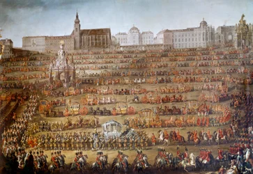 Bourbon Parmai Mária Izabella (1741-1763) bejárata Bécsbe II. József osztrák császárral (1741-1790) kötött házassága alkalmából, a háttérben az Ágoston-templom és az udvar könyvtára Hatalmas kortézs keresztül szerveződik