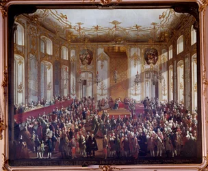 Ausztriai Marie Terézia (1717-1780) a Szent István-rend alapítási ünnepségén 1764-ben Martin van Meytens (1695-1770) festménye 1764 Bécs. Művészettörténeti Múzeum – Ausztriai Mária Terézia (1717-1780) a beavatási szertartás alatt