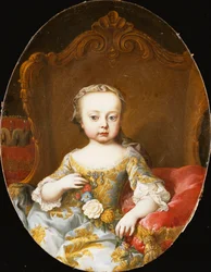 Húga, Maria Christine főhercegnő portréja, ülve, háromnegyed hosszúságú, aranyhímzett kék ruhában, virágfüzérrel,